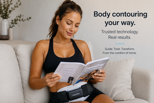 Woman reading a body contouring guide during an at-home FreezeDrop treatment in Auckland